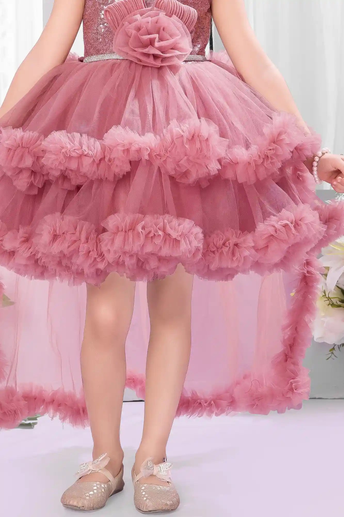Onion Pink Party Frock with Sequin Bodice And Ruffle Layers For Girls
