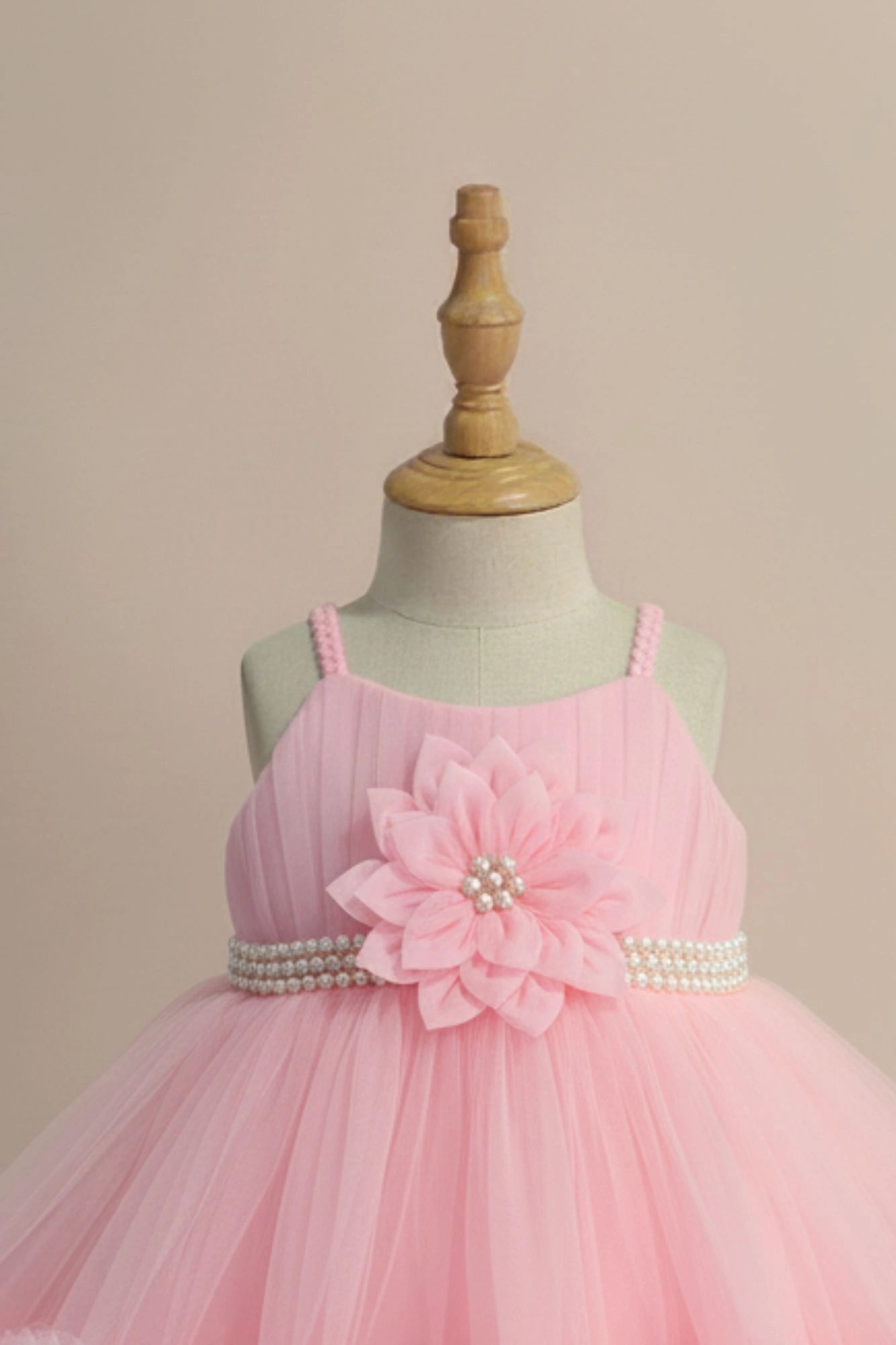 Baby Pink Net Party Wear Frock with 3D Flower & Ruffle Hem For Girls