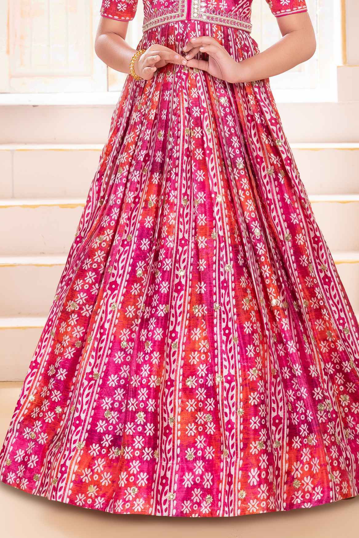 Pink Printed Ethnic Gown With Mirror Embroidery For Girls