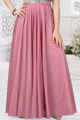 Onion Pink Shimmer Net Gown With Stone Waist Band For Girls