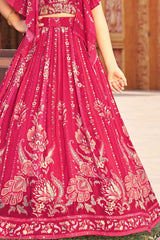 Rani Pink Sequins And Mirror Embroidery With Floral Printed Lehenga Choli Set For Girls