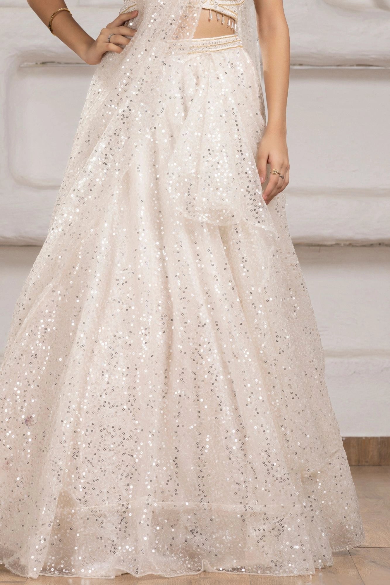 Ivory Sequin Embroidered Lehenga Set with Net Dupatta For Girls