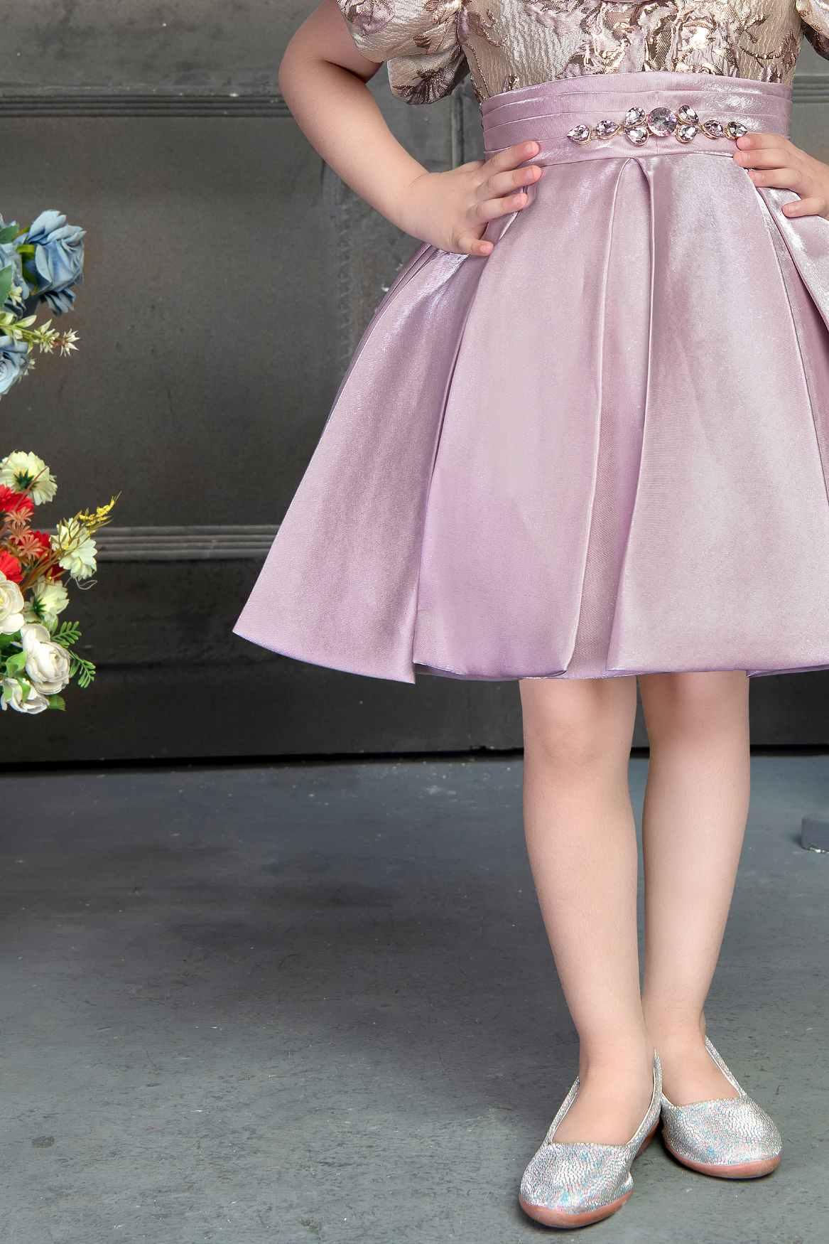 Pink Pleated Frock With Embossed Brocade Body For Girls - Lagorii Kids