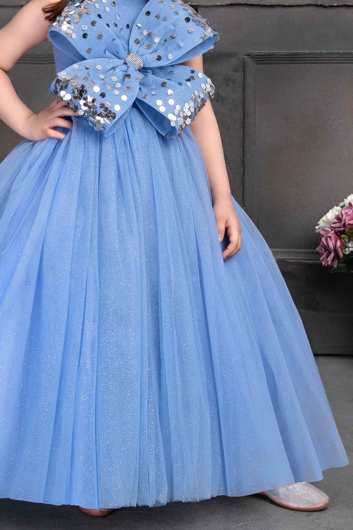 Designer Blue Gown Embellished With Sequin Bow For Girls - Lagorii Kids