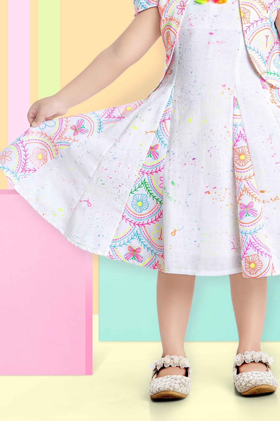 Cute Printed White Frock With Puffed Sleeves For Girls - Lagorii Kids