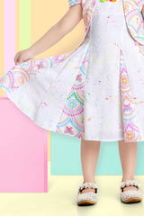 Cute Printed White Frock With Puffed Sleeves For Girls