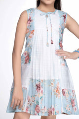 Blue Floral Printed Casual Frock For Girls