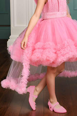 Designer Peach Sequin Partywear Net Tailback Frock For Girls - Lagorii Kids