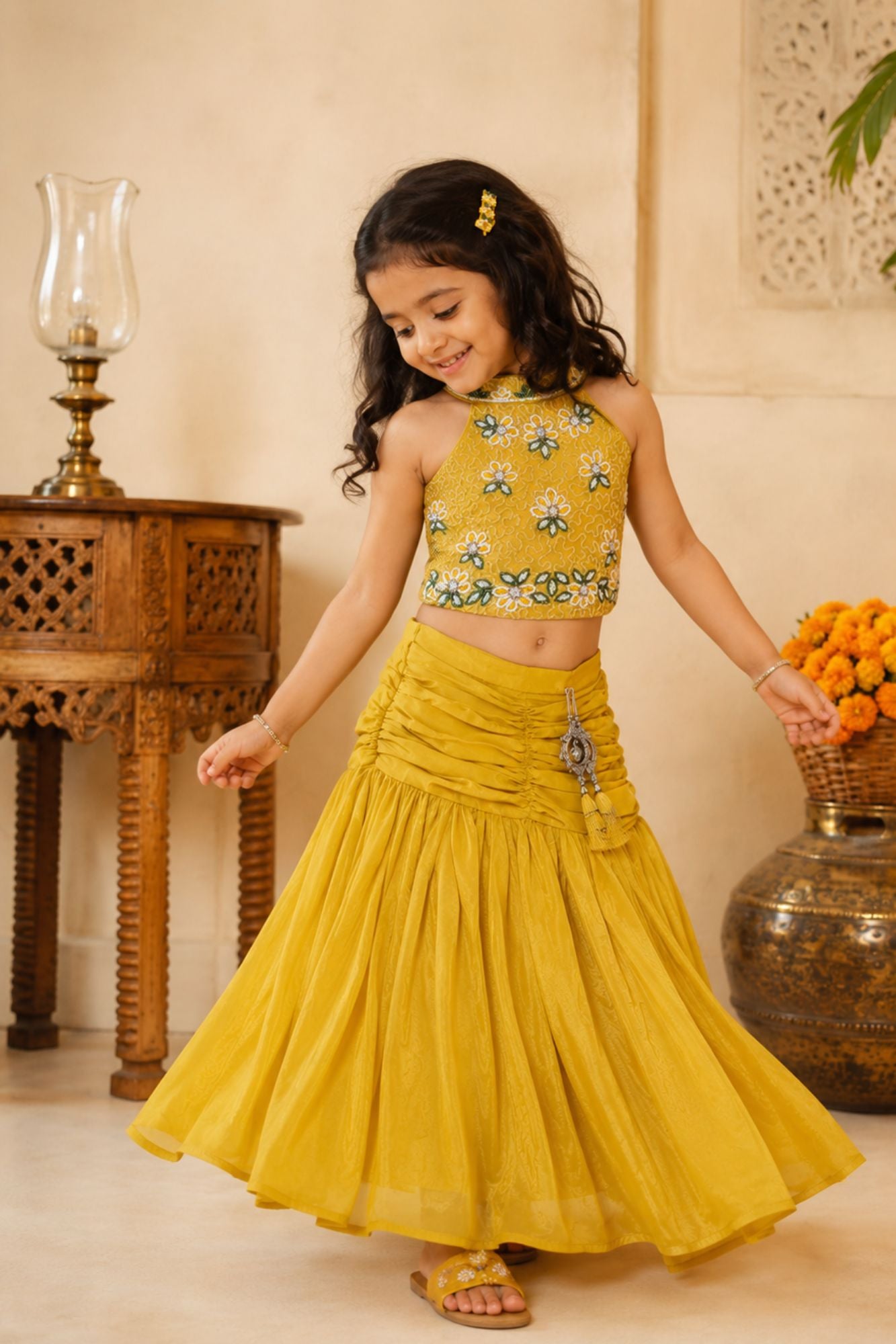 Girls Yellow Embroidered Halter Neck Choli Set with Dupatta