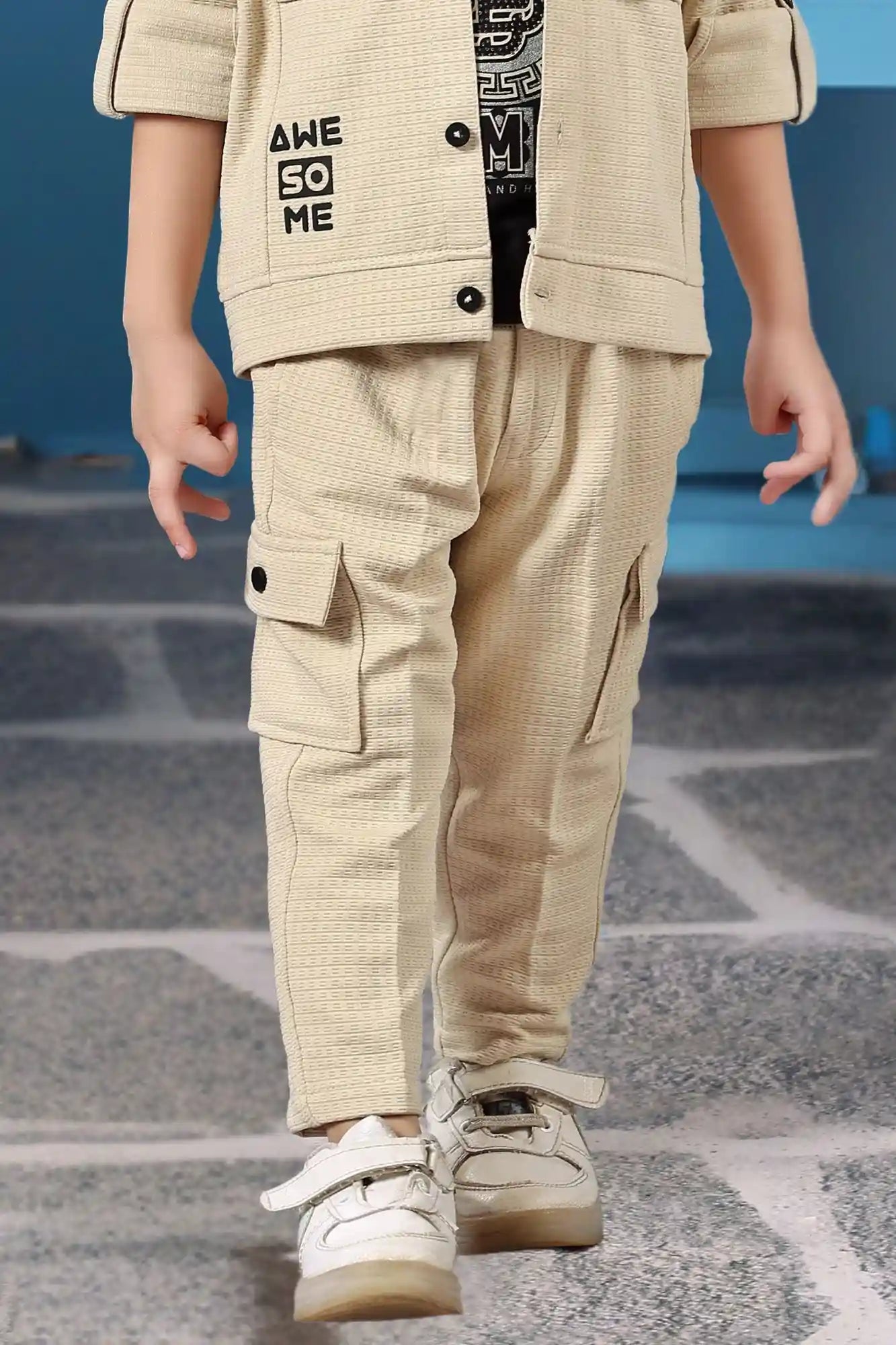 Beige And Black 3-Piece Utility Style Set with Cargo Pants For Boys