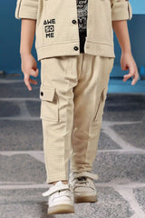Beige And Black 3-Piece Utility Style Set with Cargo Pants For Boys