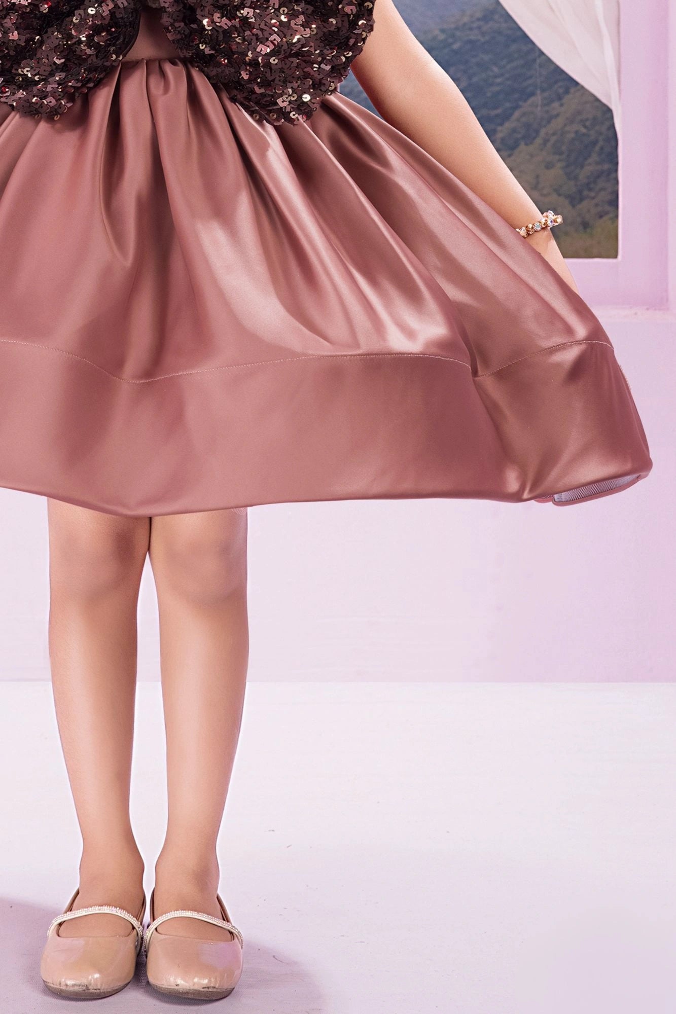 Dusky Peach Satin Party Frock with Oversized Sequin Bow For Girls