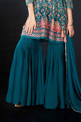 Teal Blue Printed And Mirror Work Top With Sharara Set For Girls