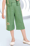 Green Crop Top And 3/4th Shorts Set With Lace Work Overcoat Set For Girls