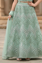 Mint Green Embroidered Lehenga Choli Set For Girls