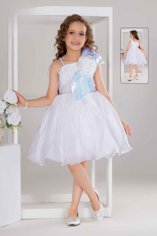 White Party Frock With Sequin Bow And 3D Flower Detail For Girls