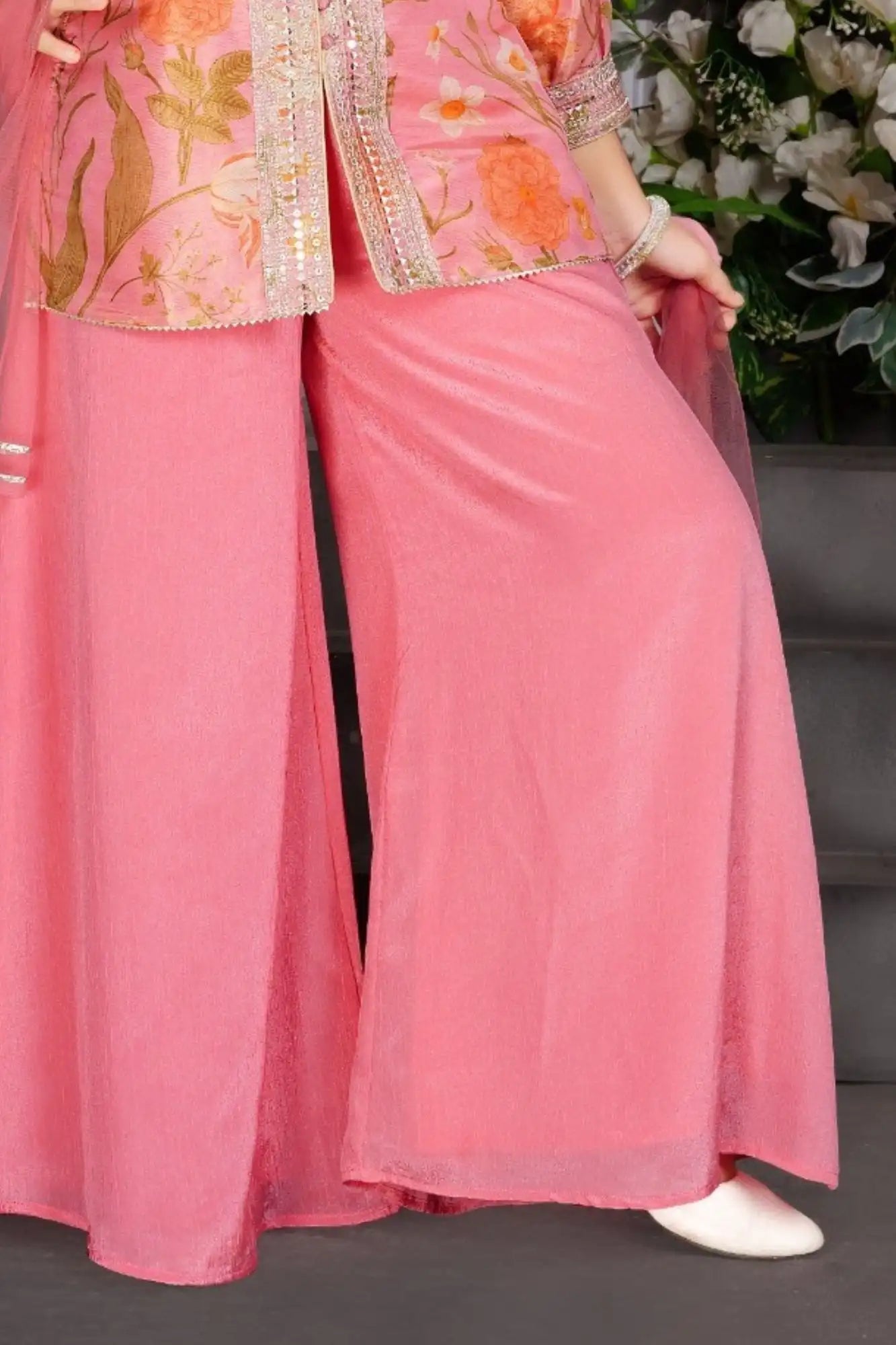 Pink Floral Kurti with Palazzo Pants For Girls