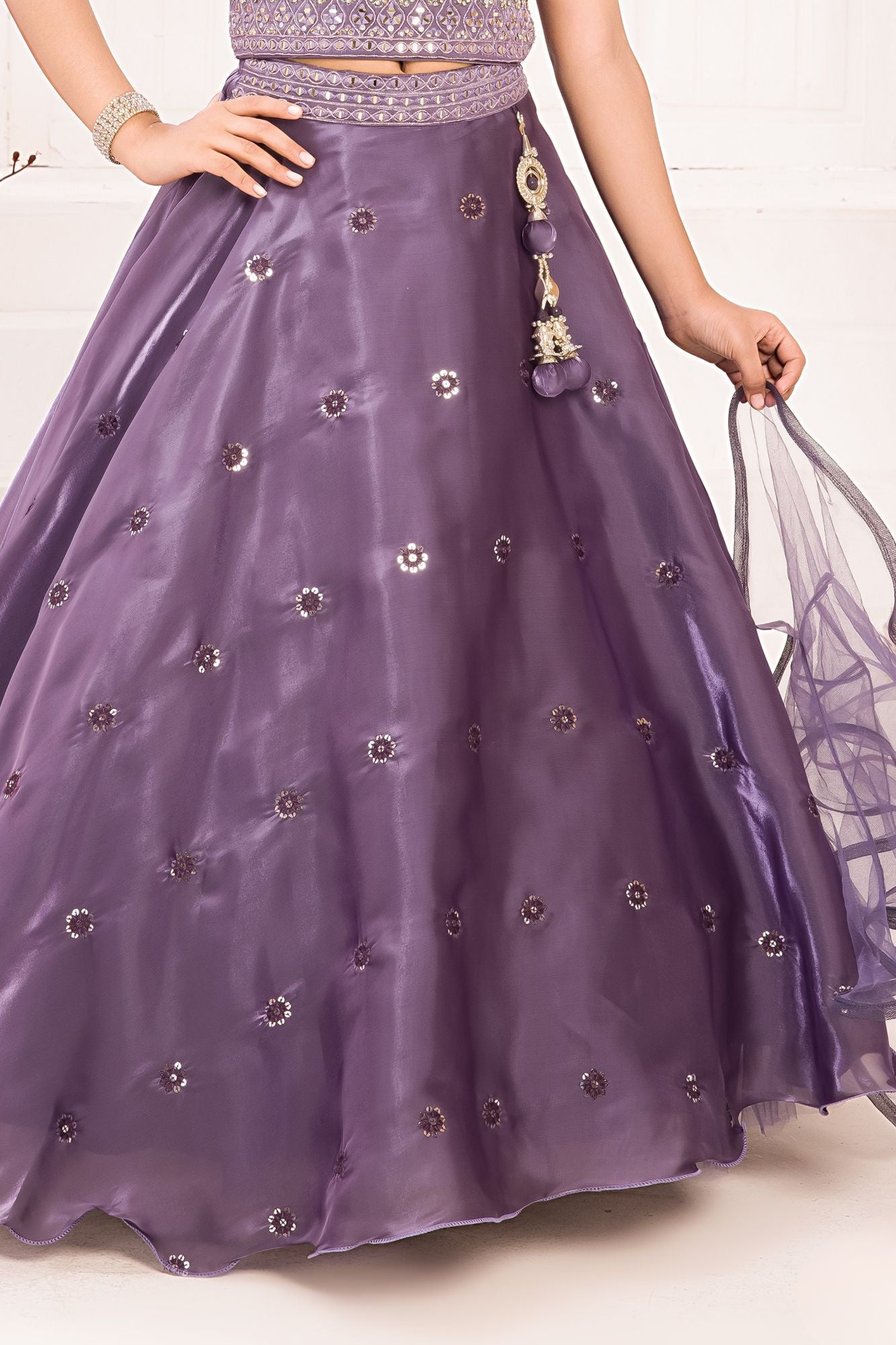 Royal Lavender Mirror Work Lehenga Choli Set For Girls