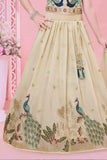 Cream Lehenga Choli Set With Peacock Embroidery And Dupatta For Girls