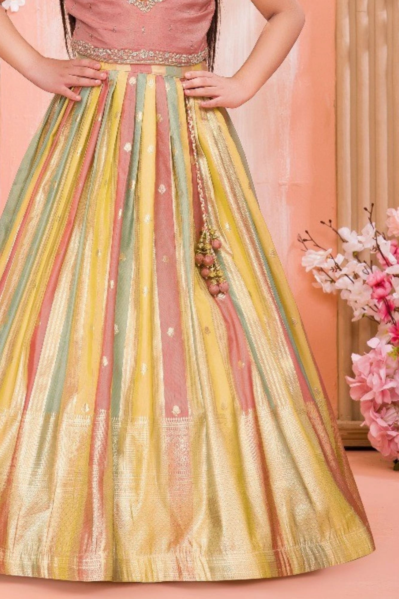 Multicolor Silk Embroidered Pattu Pavadai with Puff Sleeves For Girls