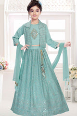 Sea Green Sequin Work And Embroidered Lehenga Choli Set For Girls