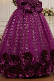 Purple 3D Floral Sequin Party Wear Gown