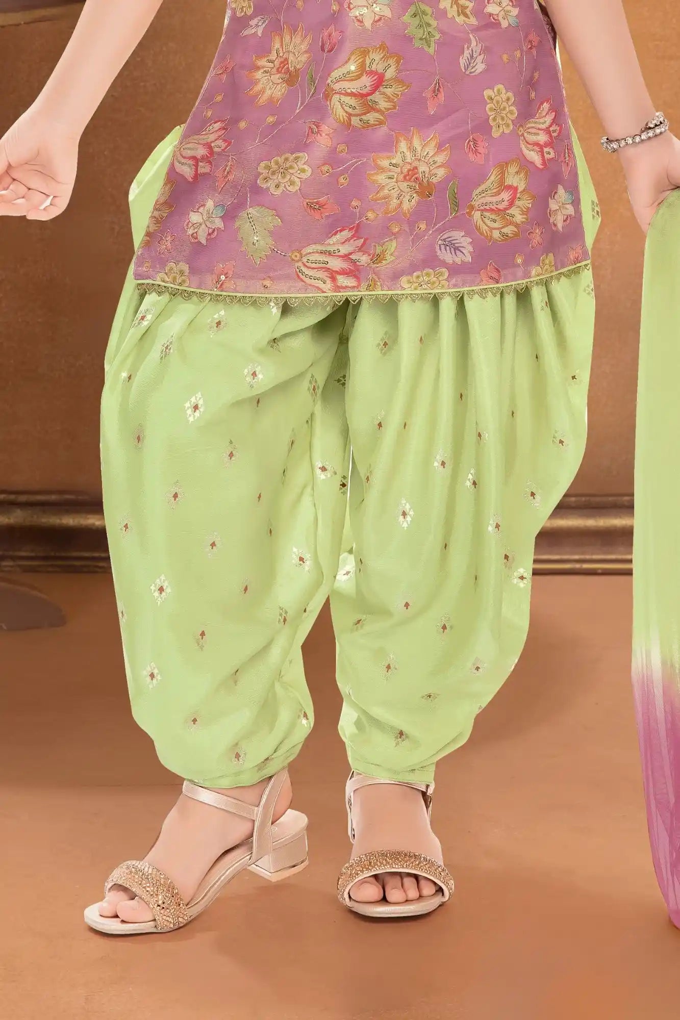 Pink And Pista Green Floral Woven Patiala Set with Dupatta For Girls