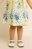 White With Multicolour Floral Printed Cotton Dress with Ruffle Sleeves For Girls