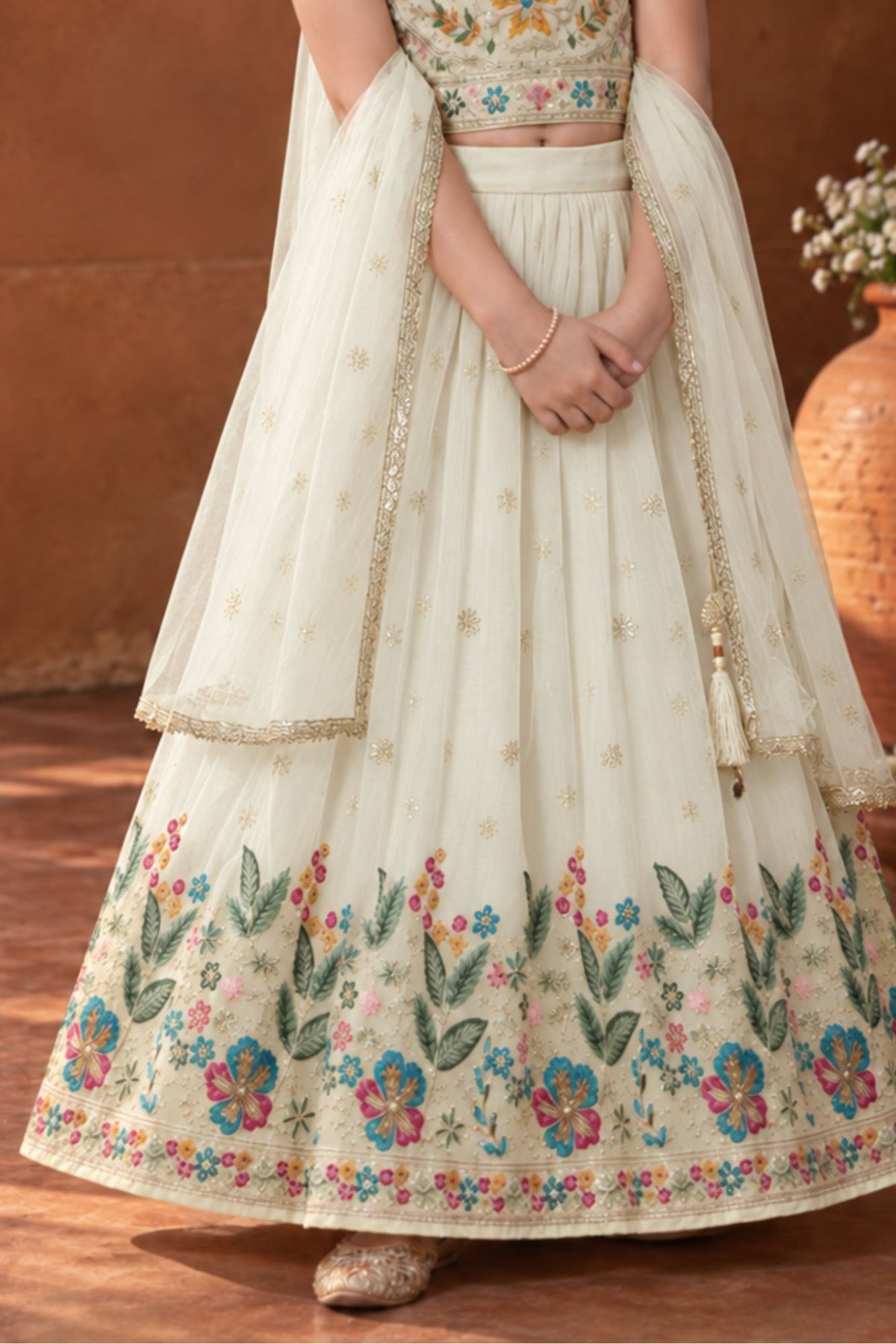 Cream Multicolor Embroidered Lehenga Choli For Girls