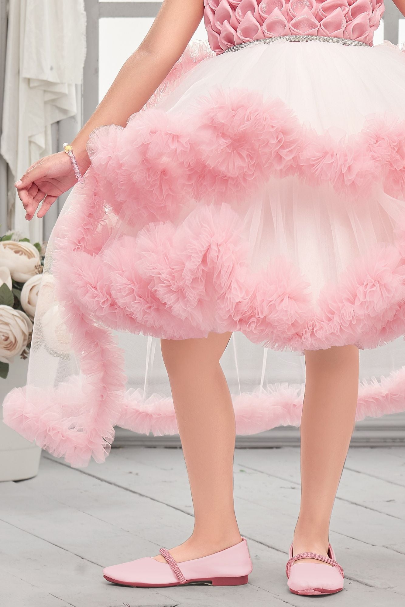 Peach High-Low Party Wear Tulle Frock with Ruffle Layers For Girls