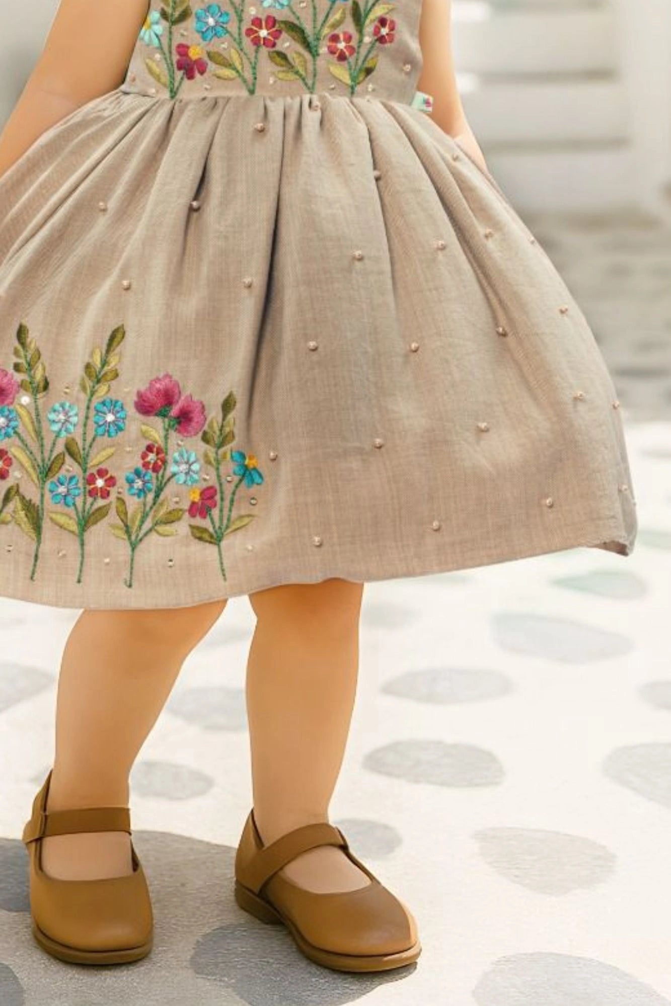 Beige Embroidered Fit And Flare Frock For Girls