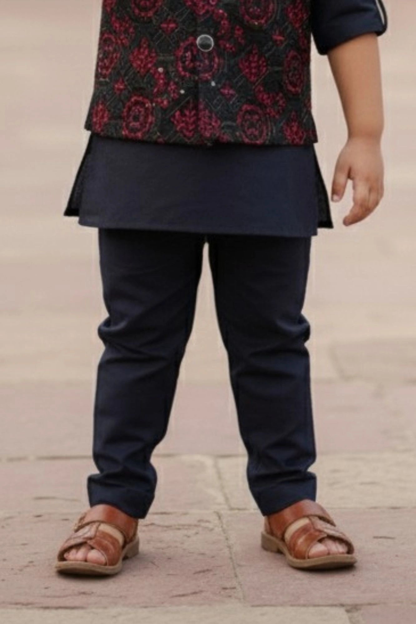 Navy Blue Embroidered Kurta Set with Nehru Jacket For Boys