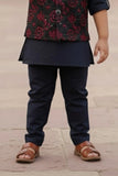 Navy Blue Embroidered Kurta Set with Nehru Jacket For Boys