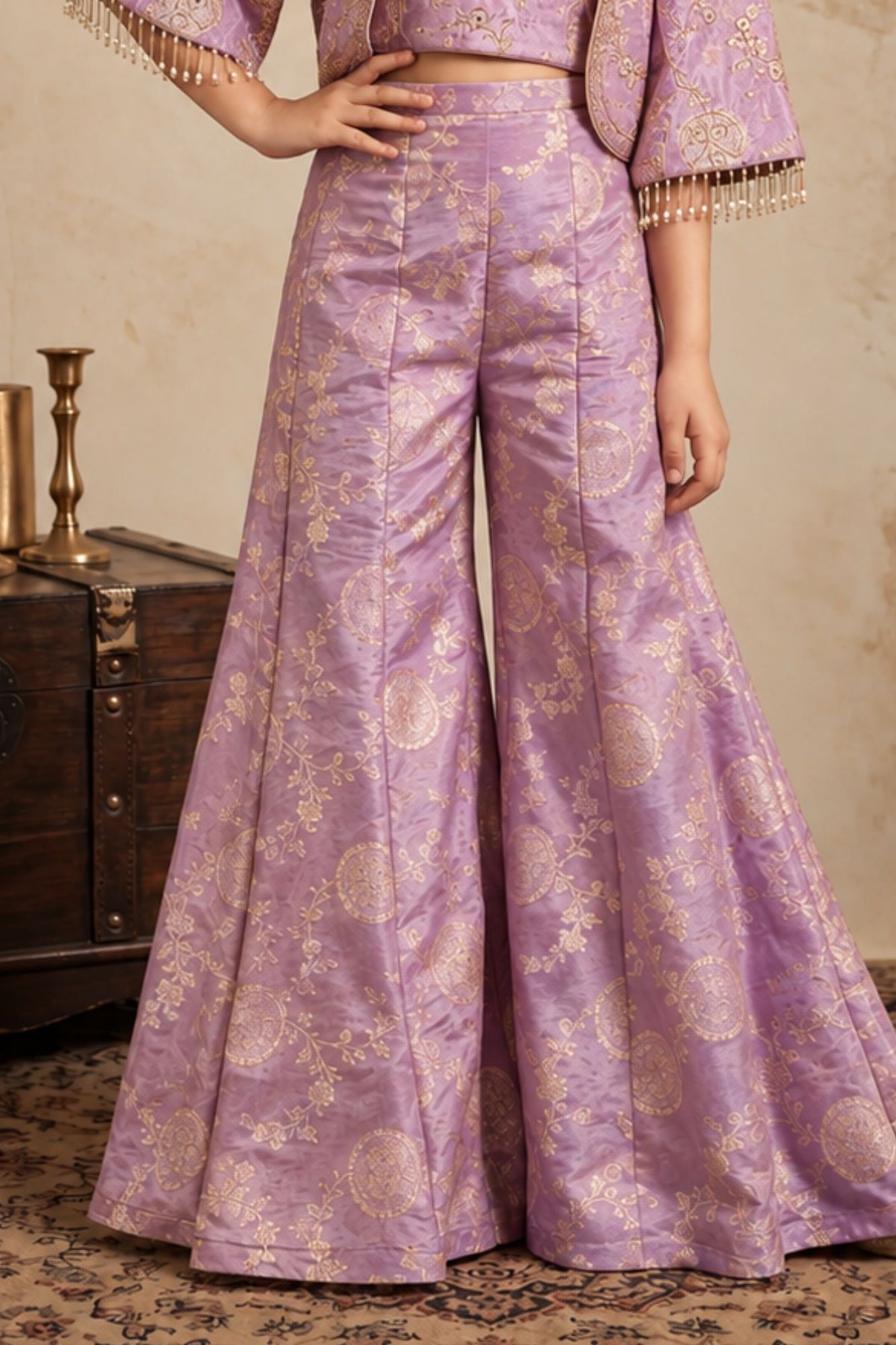 Lavender Palazzo Set with Crop Top And Jacket For Girls