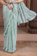 Sea Green Ruffled And Sequined Saree For Girls