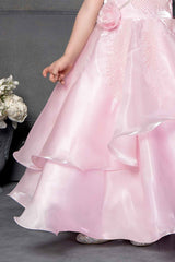 Designer Pink Satin Sequin And Floral Embellished Gown For Girls