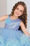 Blue Sequin Bodice Party Frock with Layered Ruffle Hem For Girls