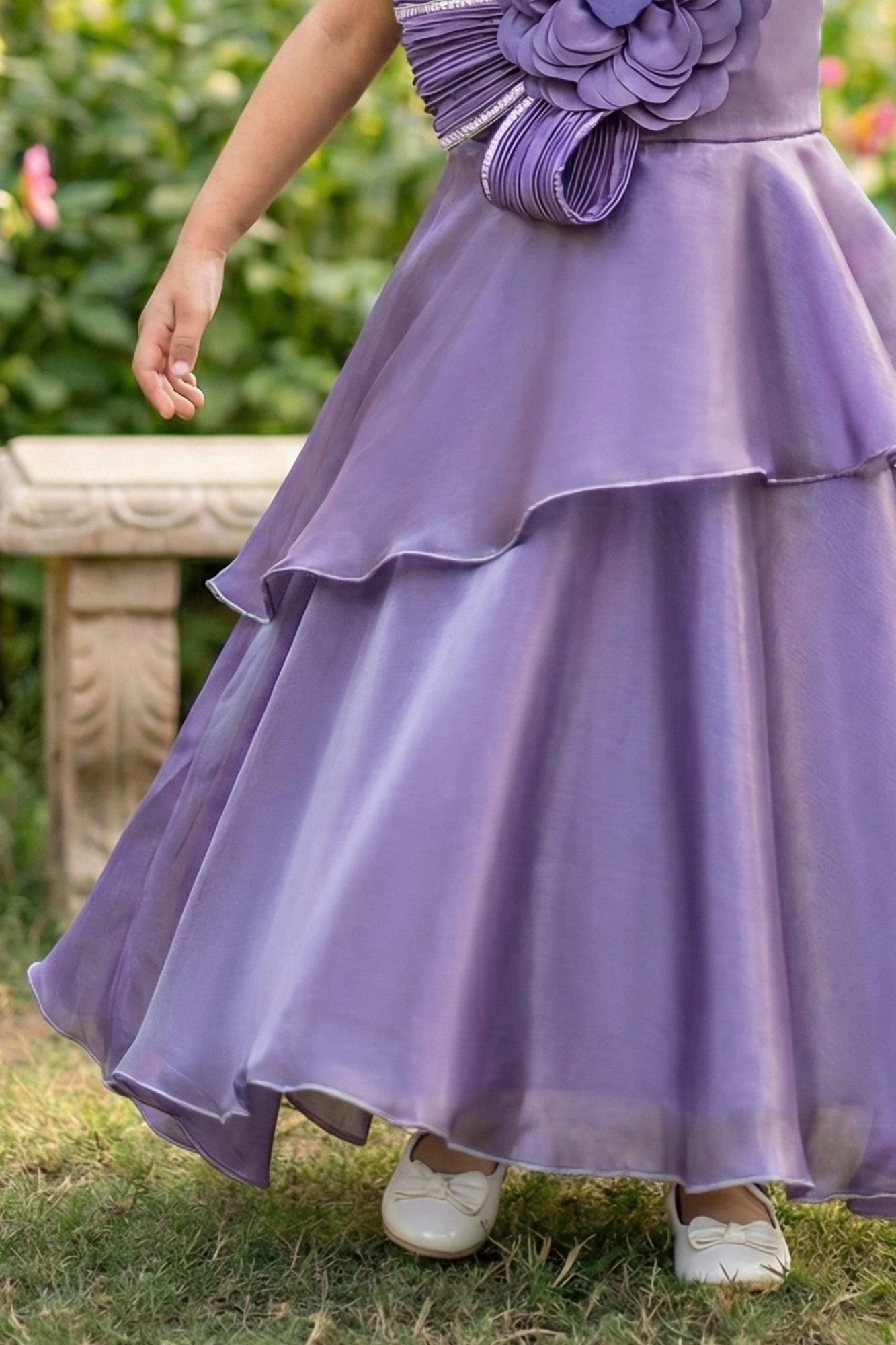 Purple Layered Party Gown with Oversized Floral Appliqué For Girls