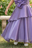 Purple Layered Party Gown with Oversized Floral Appliqué For Girls