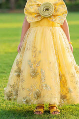 Yellow Sequin Party Gown with 3D Floral Bow For Girls