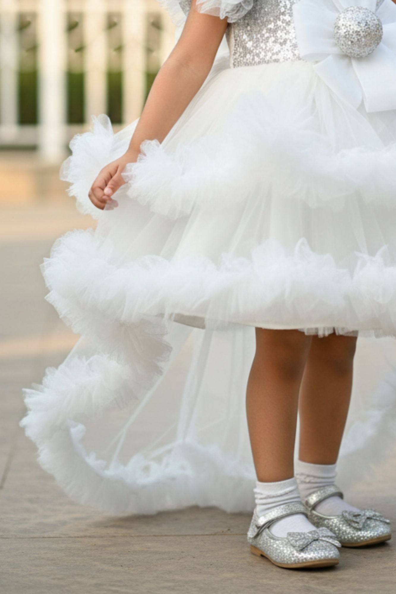 White One-Shoulder Sequin Party Frock with Layered Tulle For Girls