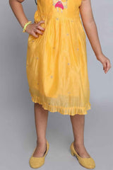 Mustard Frill Sleeves Chanderi Silk Frock With Zari Embroidery For Girls