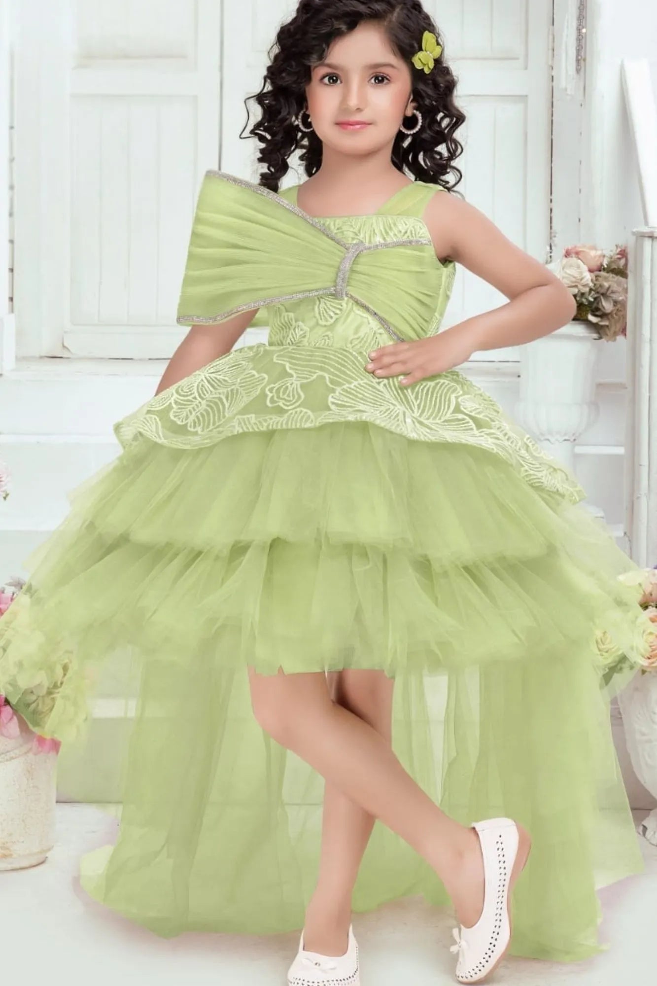 Designer Pista Green Bow Embellished And Sequins Work Party Wear Tail Back Frock for Girls