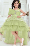Designer Pista Green Bow Embellished And Sequins Work Party Wear Tail Back Frock for Girls