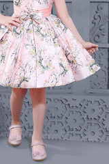Peach Floral Printed Frock With Bow Embellished For Girls