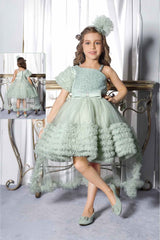 Green Sequins Work With Bow Embellished Party Wear Tailback Frock For Girls