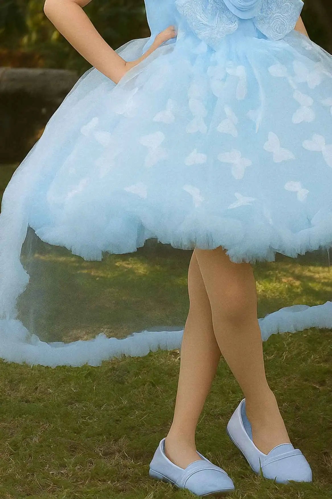 Blue Butterfly And Floral Embellished Party Wear Tailback Frock for Girls