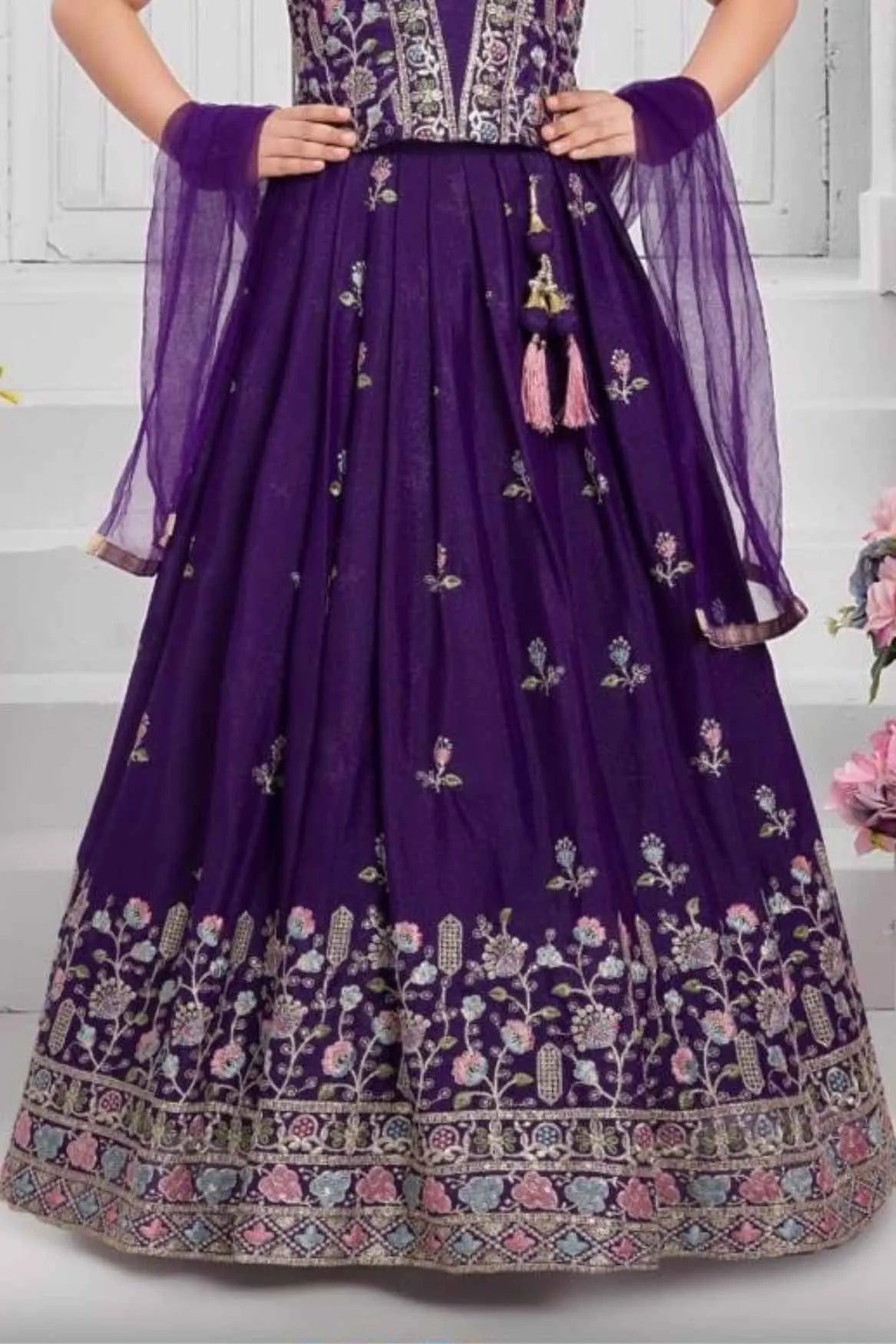 Purple Sequins Embroidered Lehenga Choli Set for Girls