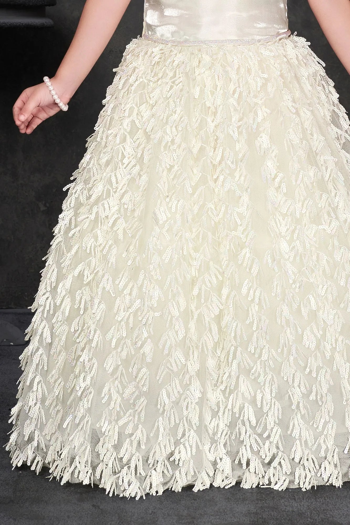 Off-Shoulder White Party Wear Gown with Pearl Fringe and Textured Net Skirt For Girls