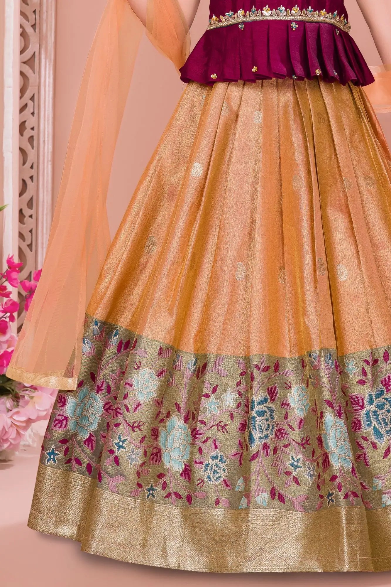 Maroon And Peach Silk Pattu Pavadai with Puff Sleeves For Girls